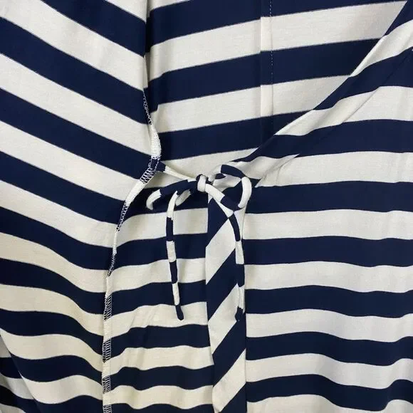 Soft Surroundings Women's Large Navy White Stripe V Neck Side Wrap Dress - Picture 10 of 14